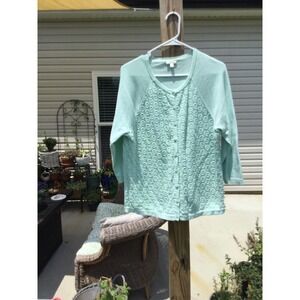 Talbots Womens Crochet Cardigan Plus Size 1X X Lace Cottagecore Teal Green Work